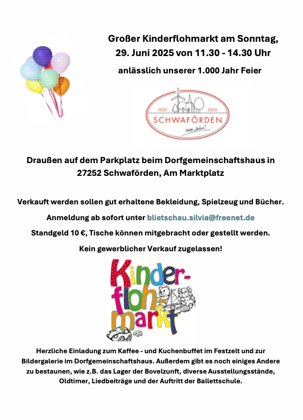 Großer Kinderflohmarkt am Sonntag, 29. Juni 2025 von 11.30 – 14.30 Uhr